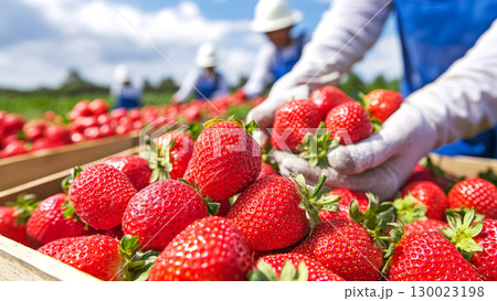 Fresh strawberry harvesting in sunny farm with workers in protective gear Fresh strawberry harvesting in sunny farm with workers in protective gear 130023198