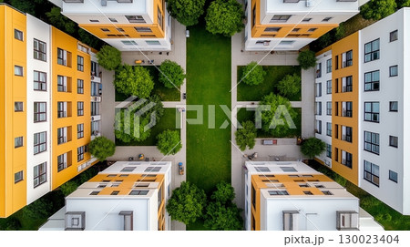 Aerial view of modern residential complex with green courtyard and walkways 130023404