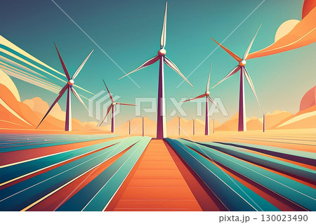 Front View of Colorful Cartoon Wind Turbine Blades in a Vibrant Landscape 130023490
