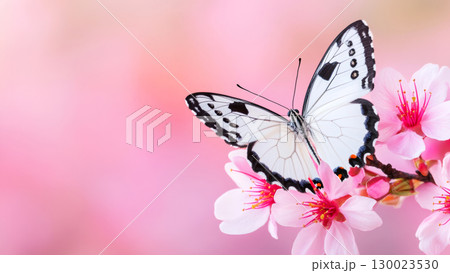 Elegant butterfly on cherry blossoms with soft pink background 130023530
