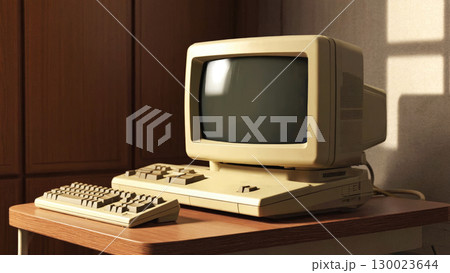 Vintage 1980s beige computer on wooden desk in sunlit room 130023644