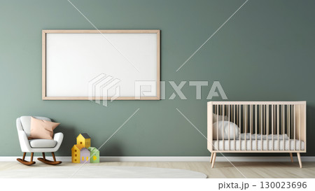 Minimalist nursery with wooden crib and playful decor in modern interior 130023696
