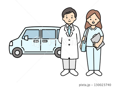 訪問医療をする男性医師と女性看護師と車両のイラスト素材 130023740