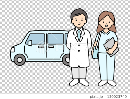 訪問医療をする男性医師と女性看護師と車両のイラスト素材 130023740