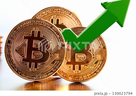 Three Bitcoin Coins Positioned With a Green Upward Arrow Symbolizing Growth and Success 130023794