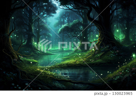 Enchanted forest at night with glowing lights and mystical river Enchanted forest at night with glowing lights and mystical river 130023965