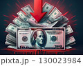 Red Arrow Pointing Down on a Stack of Dollar Bills Indicating Financial Decline in the Market 130023984