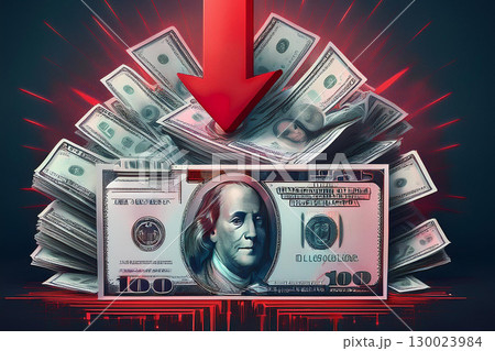 Red Arrow Pointing Down on a Stack of Dollar Bills Indicating Financial Decline in the Market 130023984