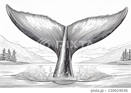 Whale Tail Breaching in Tranquil Waters Surrounded by Mountains and Trees. Generative AI 130024036