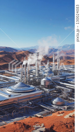 Industrial complex in desert landscape with smoking chimneys under clear blue sky 130024083