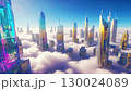 Futuristic city skyline above clouds with vibrant skyscrapers at sunrise 130024089