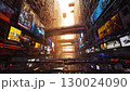 Futuristic urban cityscape with neon billboards and elevated traffic at sunset 130024090