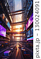 Futuristic urban scene with skyscrapers, neon lights, and elevated walkways at sunset 130024091