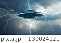 Futuristic ufo spaceship hovering amidst dramatic lightning storm 130024121