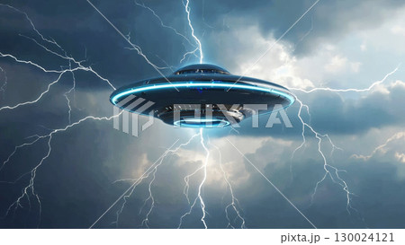 Futuristic ufo spaceship hovering amidst dramatic lightning storm 130024121