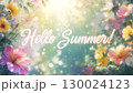 Vibrant summer flowers with sunlight and sparkles greeting card design 130024123