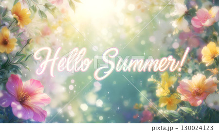 Vibrant summer flowers with sunlight and sparkles greeting card design 130024123