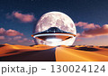 Futuristic ufo hovering over desert under moonlit night sky 130024124