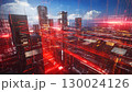 Futuristic urban skyline with digital red light patterns at dusk 130024126