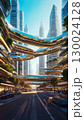 Futuristic urban landscape with skyscrapers and elevated walkways 130024128