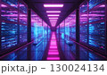 Futuristic data center with vibrant neon pink and blue lighting 130024134