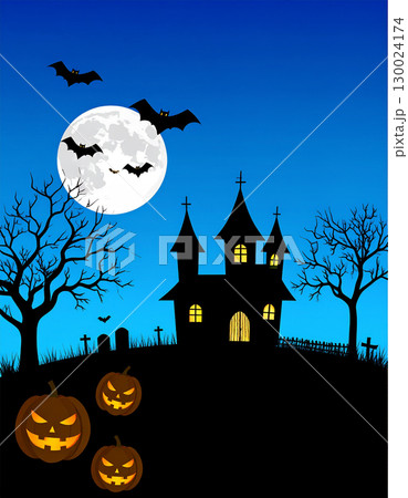 三日月が昇る夜空にコウモリが舞う不気味で可愛いハロウィンの城のシルエット 三日月が昇る夜空にコウモリが舞う不気味で可愛いハロウィンの城のシルエット 130024174