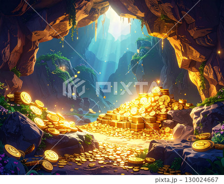 洞窟に隠された黄金や宝石などの金銀財宝の山 洞窟に隠された黄金や宝石などの金銀財宝の山 130024667
