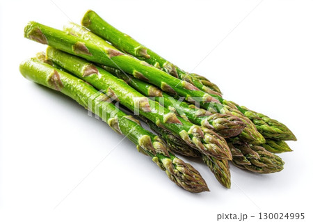 Fresh green asparagus spears grouped in clusters isolated on transparent white background. Detailed texture and vibrant color. Close-up studio of group of fresh asparagus stalks arranged neatly. 130024995