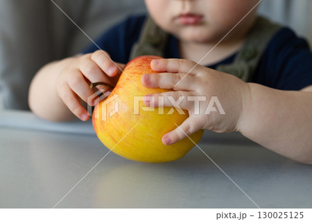 Little kids hands holding big ripe apple. Closeup. 130025125