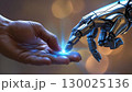 人間の手とロボットの手が指先で触れ合う瞬間、発光する光が交差する。AIと人間の協力を象徴。 130025136