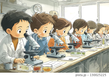 子どもたちが顕微鏡で微生物を観察するシーン  130025225