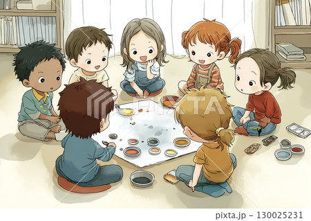 子どもたちが絵の具で大きな模造紙に共同制作しているシーン 子どもたちが絵の具で大きな模造紙に共同制作しているシーン 130025231