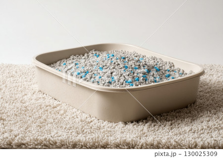 Cat litter box filled with white-gray litter with blue particles. Clumping cat in home background. Clean gray beige pet litter box placed on a rug carpet. Cleanliness concept. Cat toilet. Pets hygiene Cat litter box filled with white-gray litter with blue particles. Clumping cat in home background. Clean gray beige pet litter box placed on a rug carpet. Cleanliness concept. Cat toilet. Pets hygiene 130025309
