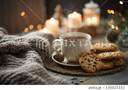 Cozy Coffee Setting. Candles and Warm Knit Blanket for Comfort. Winter still life. White ceramic cup, candlelight. Hot beverage, cookies on a table. Christmas home. Woolen knitted sweater, burn candle Cozy Coffee Setting. Candles and Warm Knit Blanket for Comfort. Winter still life. White ceramic cup, candlelight. Hot beverage, cookies on a table. Christmas home. Woolen knitted sweater, burn candle 130025332