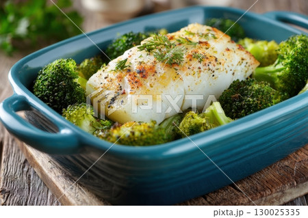 Creamy Parmesan baked white fish fillet with broccoli in a blue ceramic dish on a wooden table. Close-up shot, delicious-looking food. Pan Seared Halibut with a white sauce, bright studio lighting. 130025335