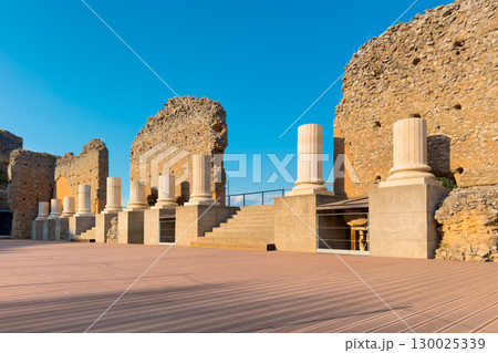 Ruins of the Roman Theater in Clunia Sulpicia, Burgos, Castile and Leon, Spain. 130025339
