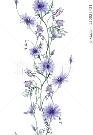 Seamless vertical border or banner with purple and blue wildflowers. Hand drawn watercolor illustration on isolated background. Summer floral pattern for frame or banner with blue bluebells, chicory 130025431
