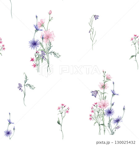 Watercolor seamless pattern with wildflowers on white background - illustration with pink blue purple buds and branches. Prints with Herbs, Marshmallow flowers, bluebell and chicory 130025432