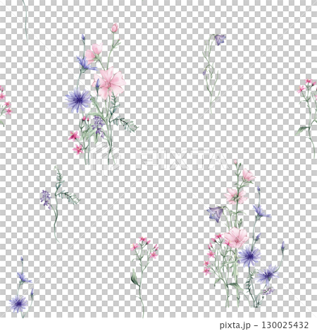 Watercolor seamless pattern with wildflowers on white background - illustration with pink blue purple buds and branches. Prints with Herbs, Marshmallow flowers, bluebell and chicory 130025432