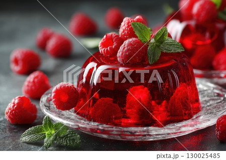 Delicate dessert raspberry jelly with mint leaves served on a white plate with blurred background. Close-up. Simple and delicious red jello with fresh berries. Glossy texture. Food magazine style 130025485