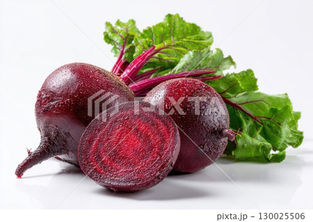 Beets. Whole beetroot bunch with stems and leaves isolated on white background. Rural style composition with beet harvest. Vegetable farmer's market ad. Pile of homegrown organic fresh harvested beet. 130025506