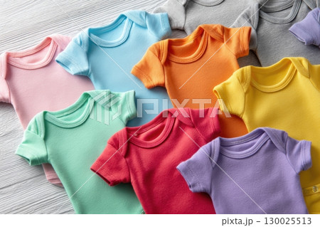 Baby onesie set. White wooden background. Fashion newborn clothes. Top view. Kids soft clothing. Infant trendy cotton bodysuit. Pastel color. Gender neutral. Variety stylish child wear sale. Kid dress 130025513