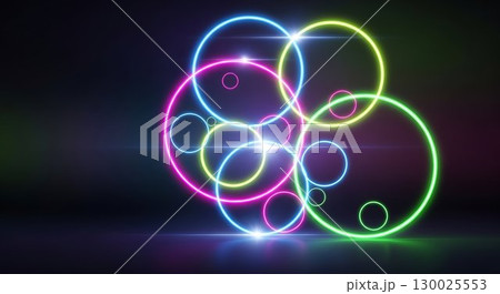 Glowing neon circles intertwining on a dark background. 130025553