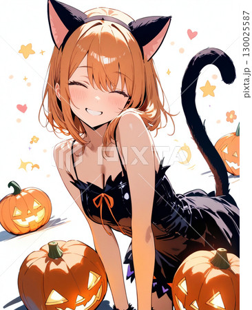 ハロウィンで黒猫の仮装をする女の子のイラスト 130025587