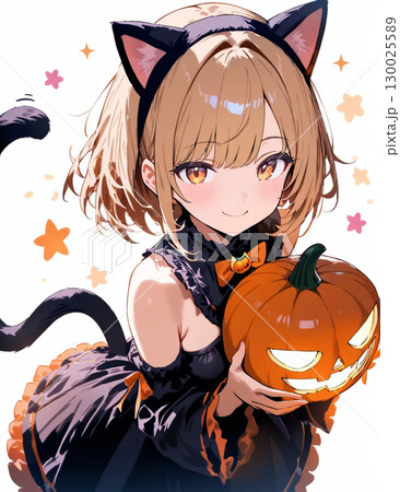 ハロウィンで黒猫の仮装をする女の子のイラスト 130025589