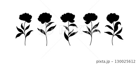 Silhouette of five flowers with leaves arranged in a row against a plain white background 130025612