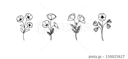 Floral illustrations featuring various flower designs with detailed line work on a white background 130025627