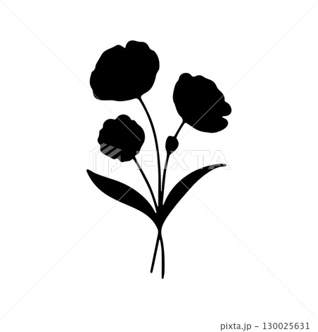 Black silhouette of flowering plant with bold petals and slender leaves on a light background 130025631