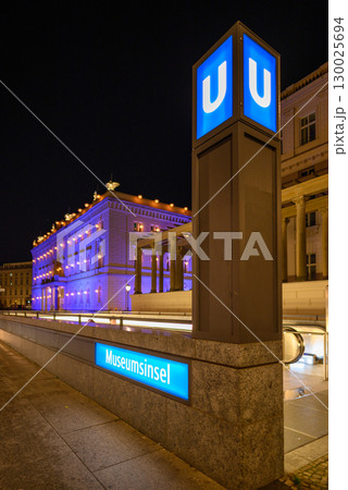 Night view of Museumsinsel U-Bahn subway station entrance in Berlin, Germany Night view of Museumsinsel U-Bahn subway station entrance in Berlin, Germany 130025694