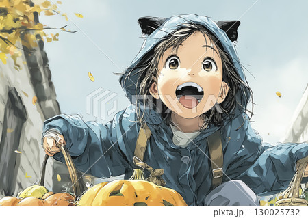 猫の仮装をした子どもがハロウィンを楽しむ様子 130025732